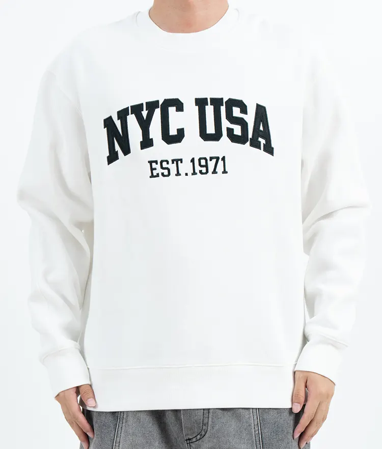White Crew Neck Sweatshirt with Varsity-Style Chest Lettering