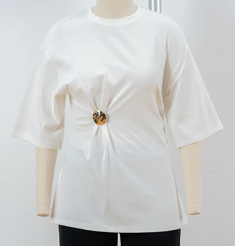 White Oversized Crew Neck T-Shirt with Gathered Waist and Round Ornament