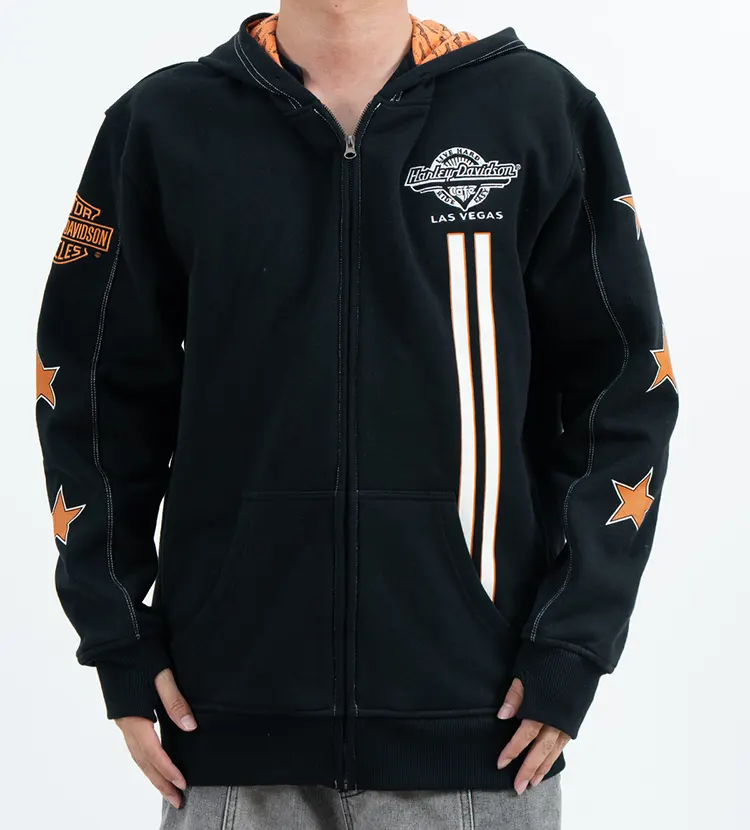Graphic Zip-Up Hoodie with Eagle Back Artwork and Star Sleeves