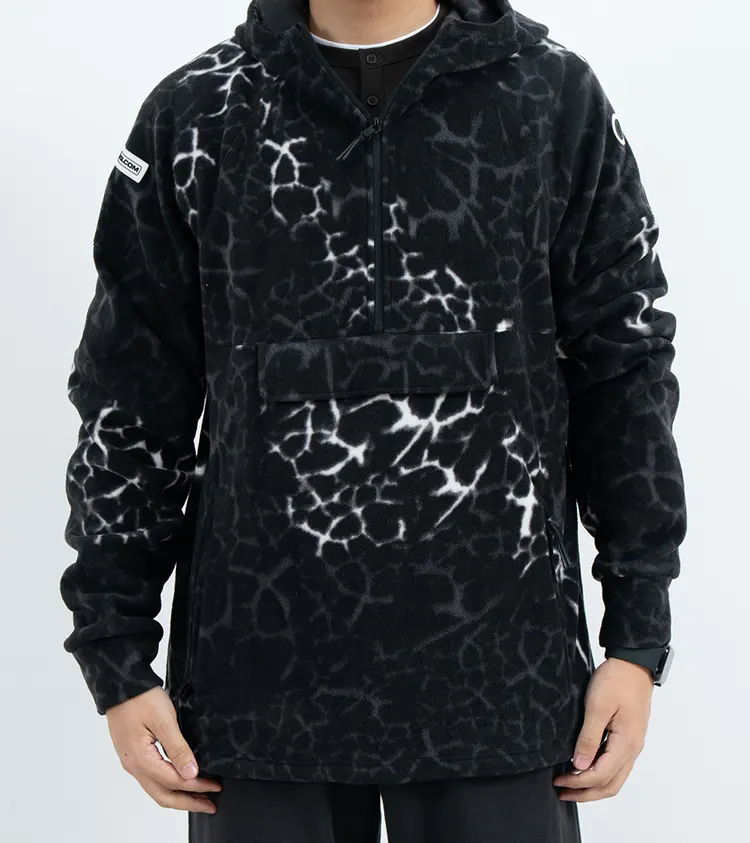 Hooded Fleece Pullover with Crackle Pattern and Front Pocket Flap