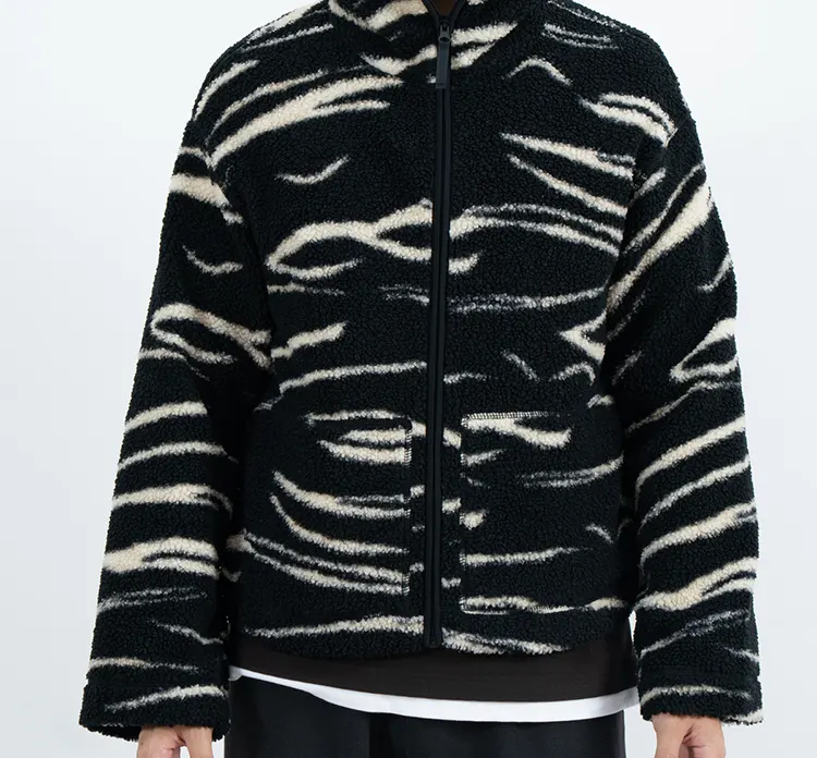 Stand Collar Fleece Jacket with Black and Cream Abstract Stripes