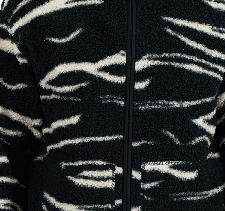 Stand Collar Fleece Jacket with Black and Cream Abstract Stripes