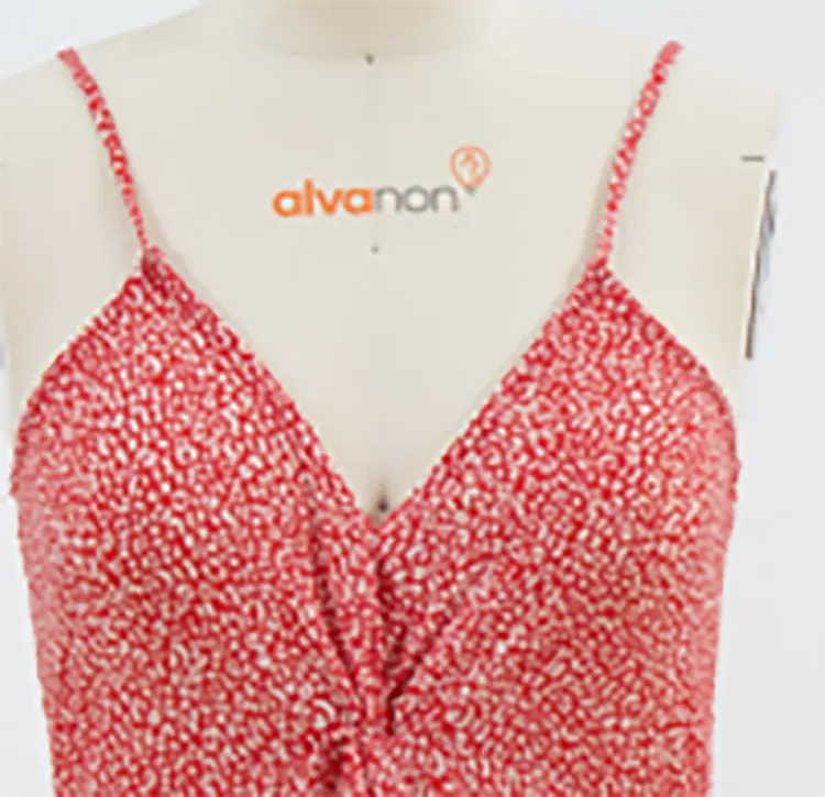 Red Printed Midi Slip Dress with Twist-Front Detail
