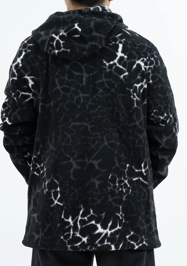 Hooded Fleece Pullover with Crackle Pattern and Front Pocket Flap